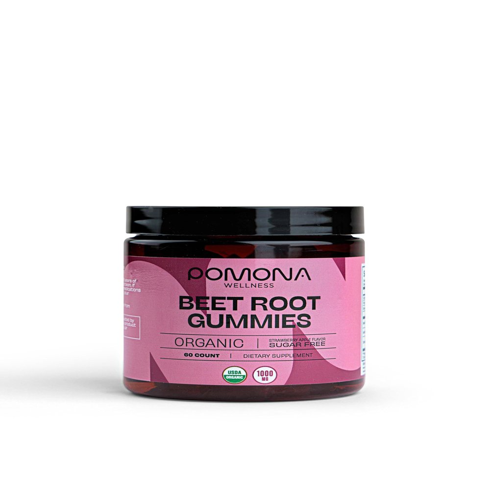 Pomona Wellness Organic Potent Beetroot Powder Gummies 1000mg  Sugar Free, Nitric Oxide Supplement - Natural Strawberry and Apple Flavor, Vegan, 60 Count