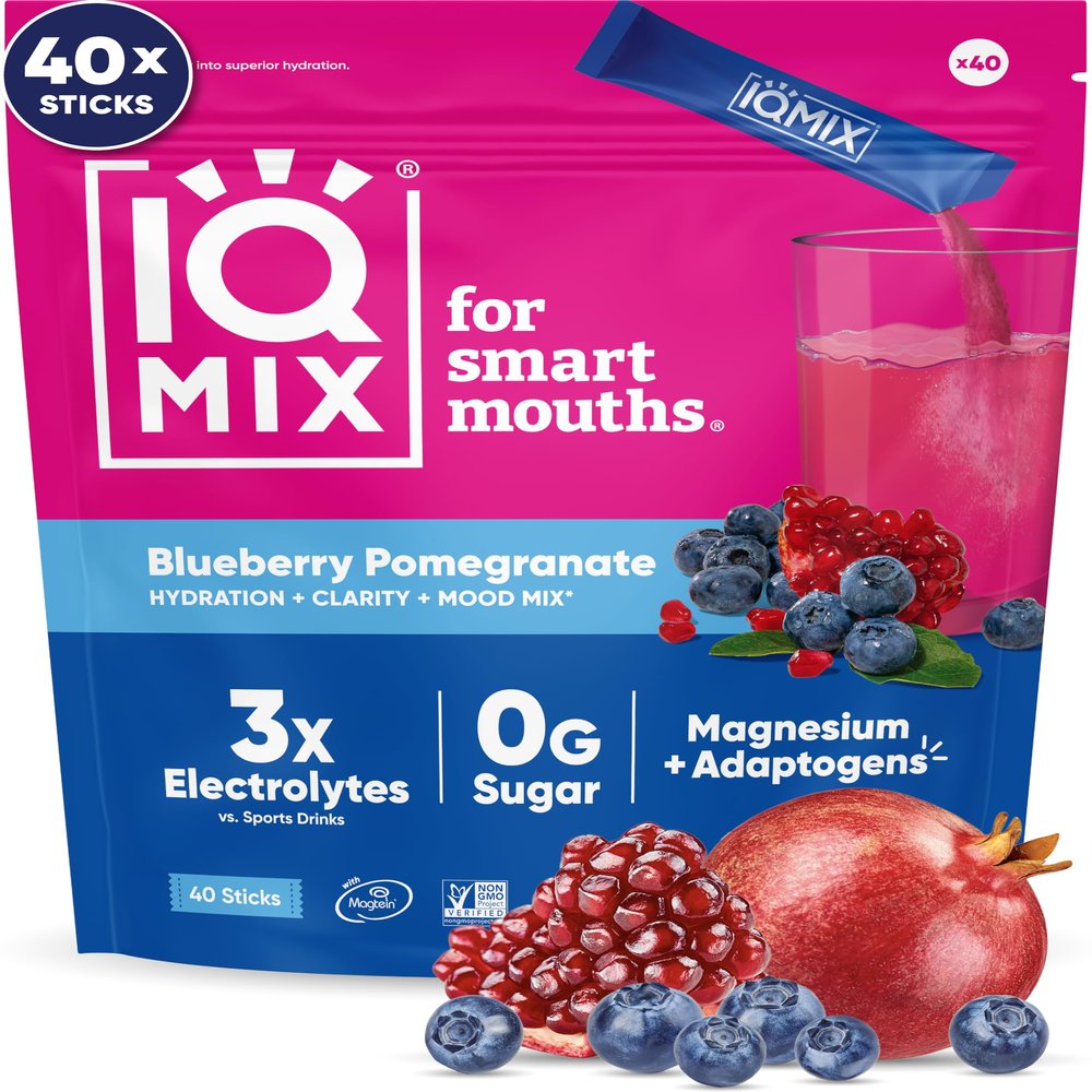 IQMIX Hydration Electrolyte Powder  4-in-1 Formula for Hydration, Mental Clarity, Mood and Recovery  Sugar-Free Drink Mix, Keto, Magnesium L-Threonate, Lions Mane  40 Count Blueberry Pomegranate