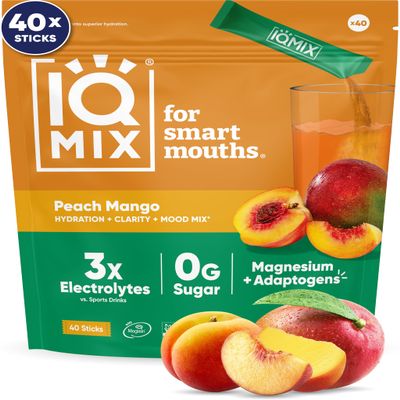 IQMIX Hydration Electrolyte Powder  4-in-1 Formula for Hydration, Mental Clarity, Mood and Recovery  Sugar-Free Drink Mix, Keto, Magnesium L-Threonate, Lions Mane  40 Count Peach Mango