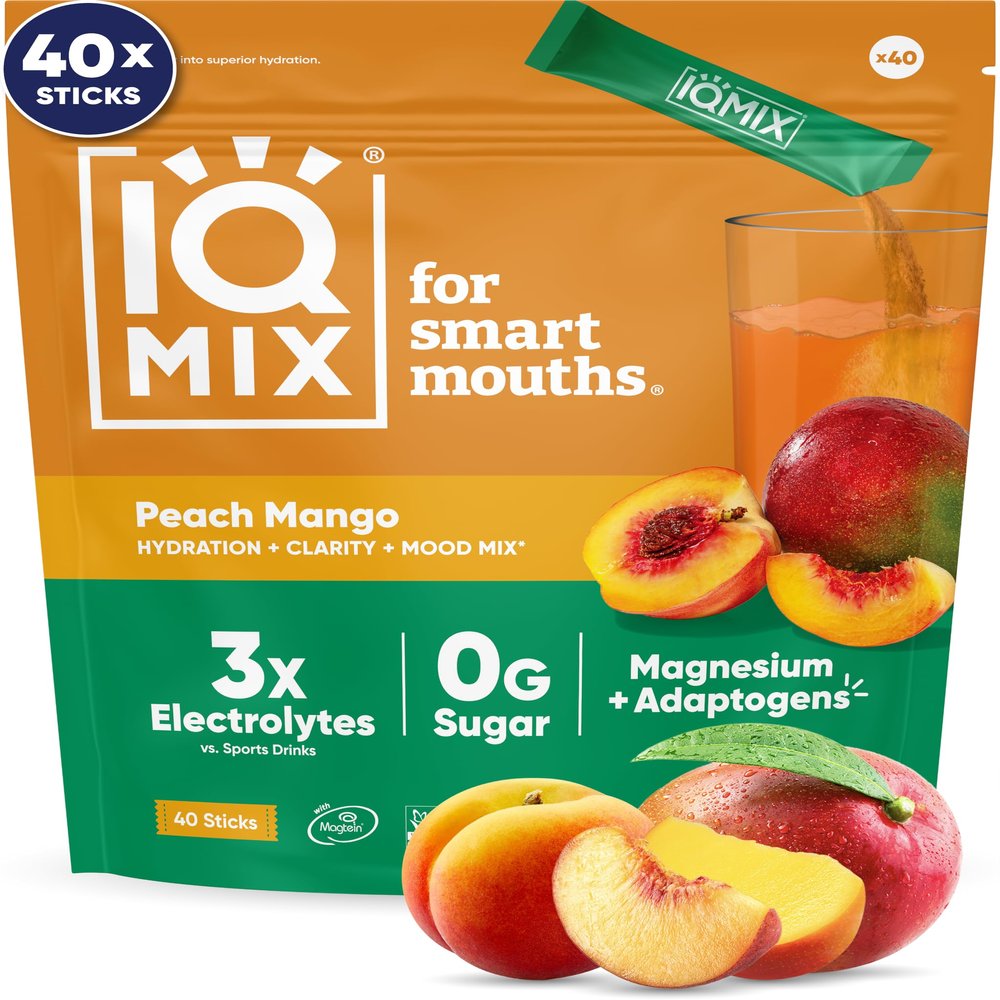 IQMIX Hydration Electrolyte Powder  4-in-1 Formula for Hydration, Mental Clarity, Mood and Recovery  Sugar-Free Drink Mix, Keto, Magnesium L-Threonate, Lions Mane  40 Count Peach Mango