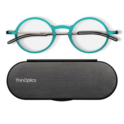 Always With You ThinOptics Reading Glasses - Ultra Thin and Lightweight Readers with Case - Special Edition Colors - Round Teal 2.0x
