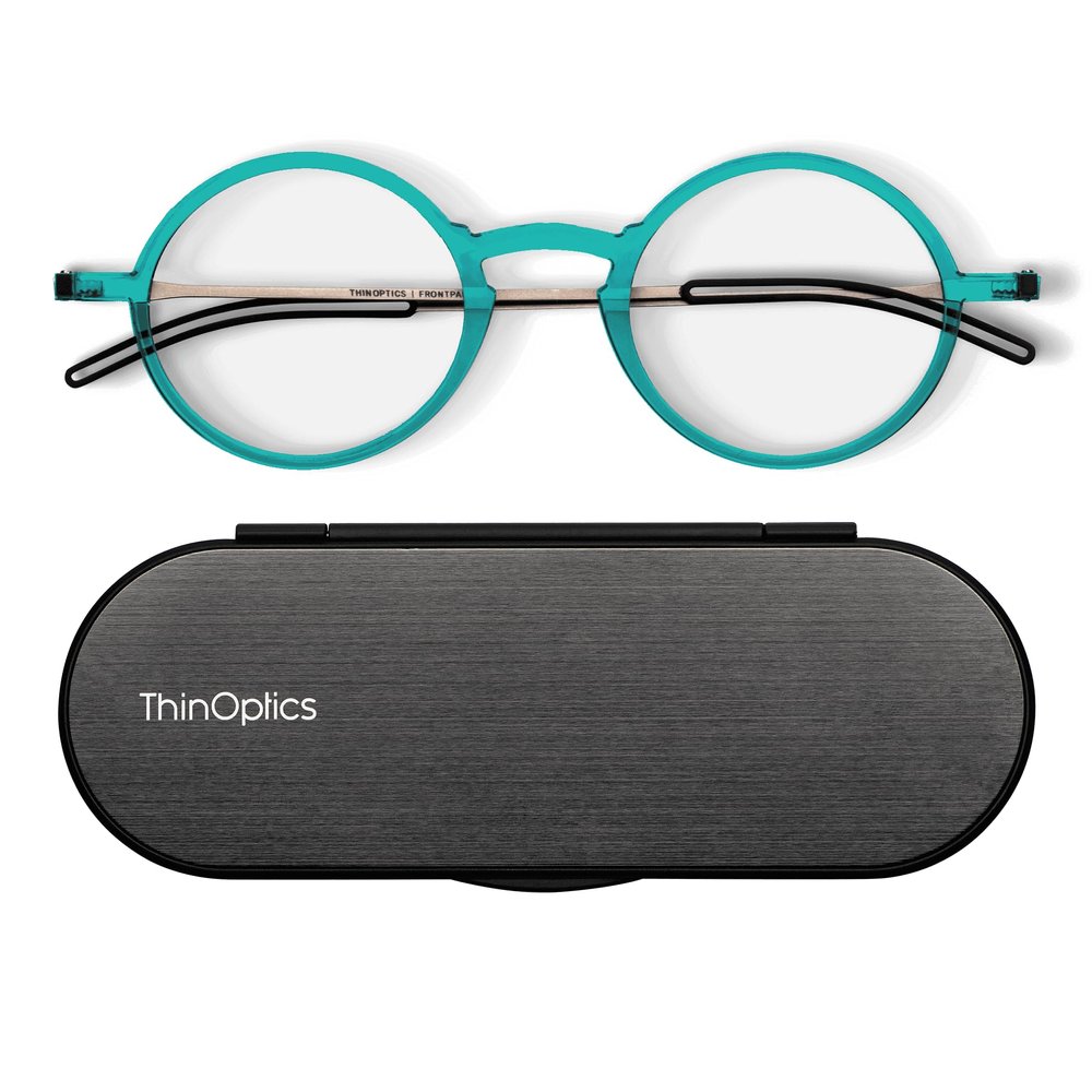 Always With You ThinOptics Reading Glasses - Ultra Thin and Lightweight Readers with Case - Special Edition Colors - Round Teal 2.0x