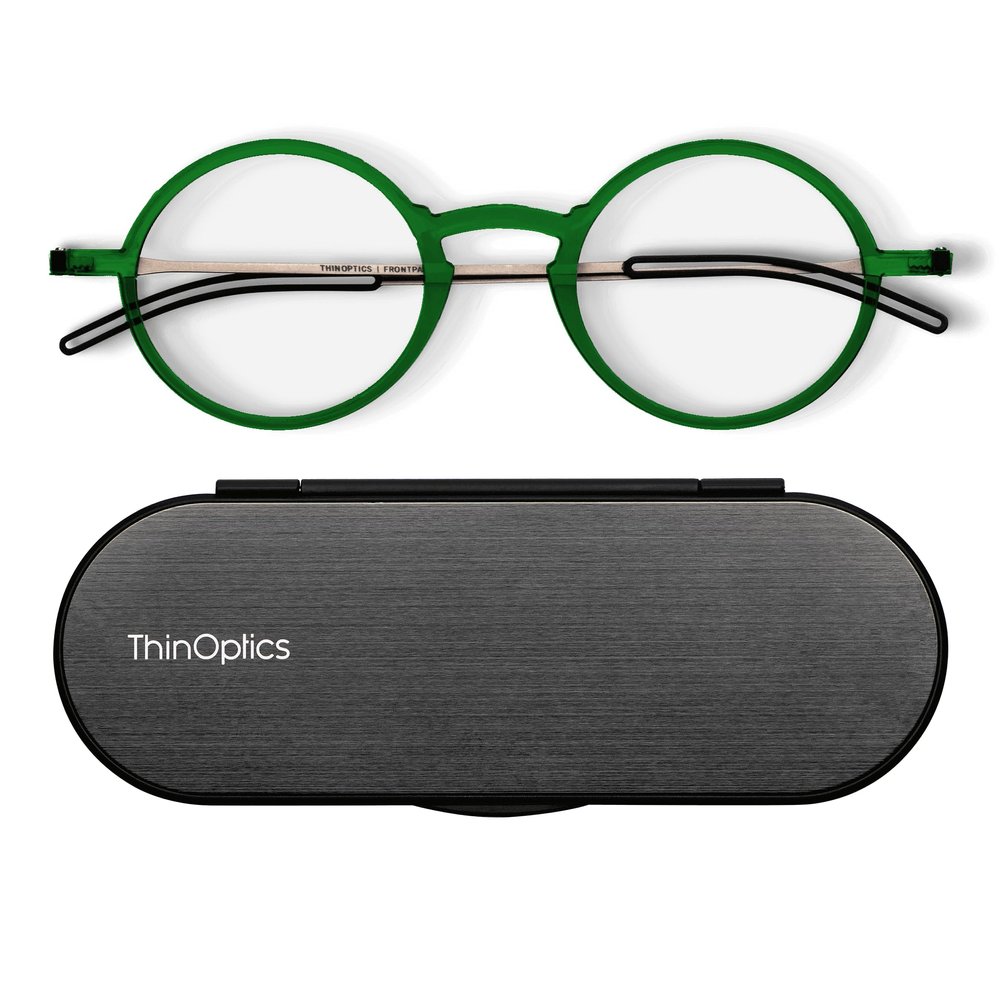 Always With You ThinOptics Reading Glasses - Ultra Thin and Lightweight Readers with Case - Special Edition Colors - Round Green 1.0x