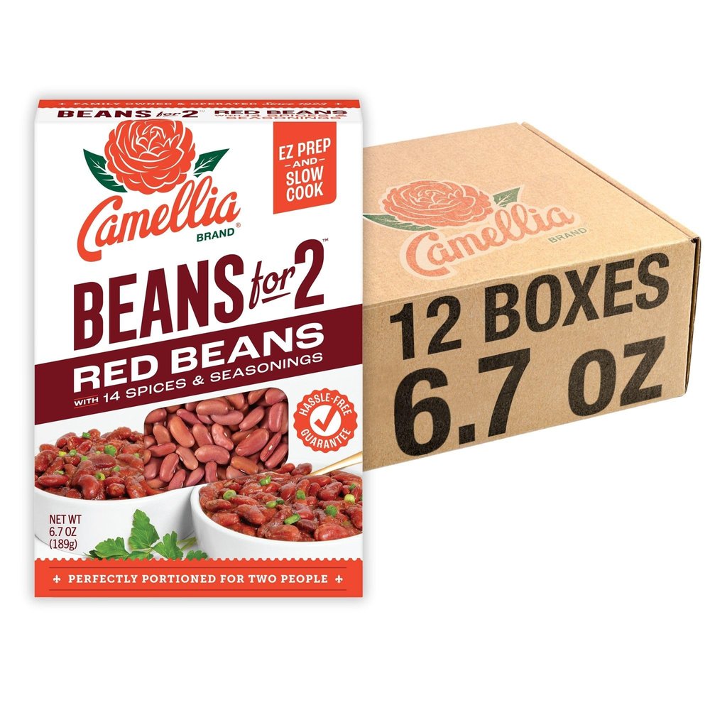 Camellia Brand Red Beans with Seasoning For 2 - 6.7oz (Pack of 12) Easy Dinner for Two, Dried Beans with Authentic Cajun & Creole Seasoning Spices and Vegetable Packets Easy Louisiana Red Beans Dinner for 2 Servings