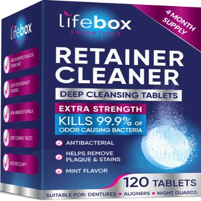 Retainer Cleaner Tablets - 120 Denture Cleaning Tablets & Aligner Cleaner - Removes Odors & Stains  For Aligners, Retainers, Dentures, Night Guards - Mint Flavor