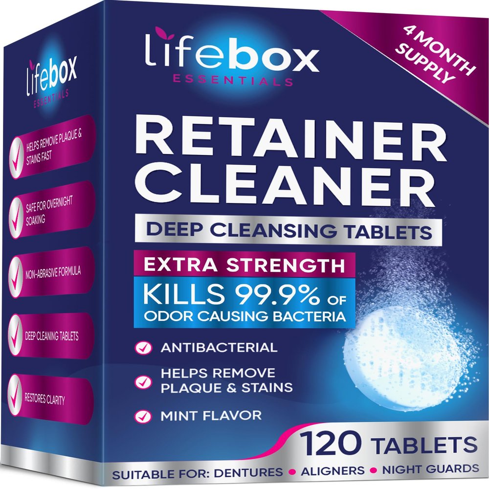 Retainer Cleaner Tablets - 120 Denture Cleaning Tablets & Aligner Cleaner - Removes Odors & Stains  For Aligners, Retainers, Dentures, Night Guards - Mint Flavor
