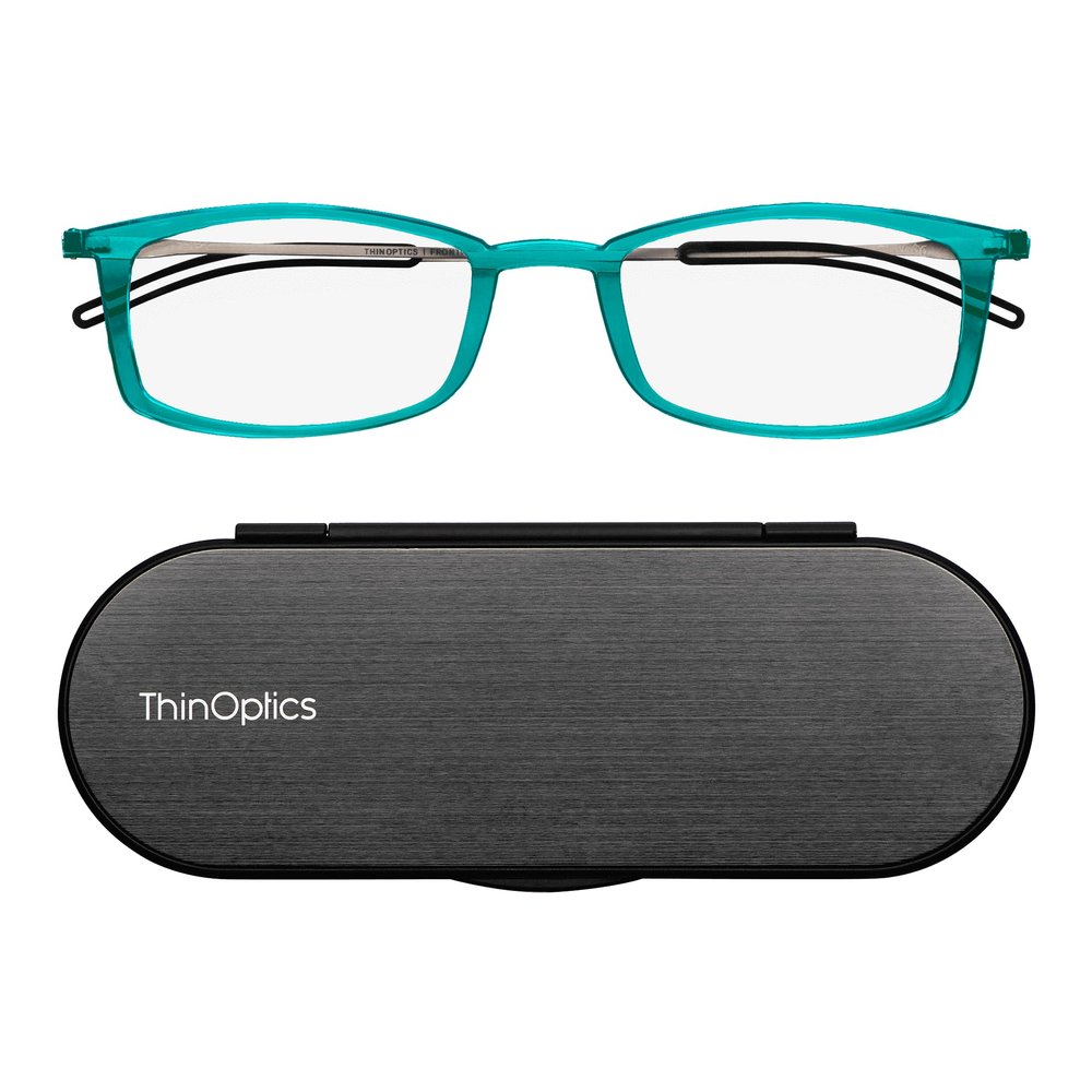 Always With You ThinOptics Reading Glasses - Ultra Thin and Lightweight Readers with Case - Special Edition Colors - Rectangle Teal 2.0x