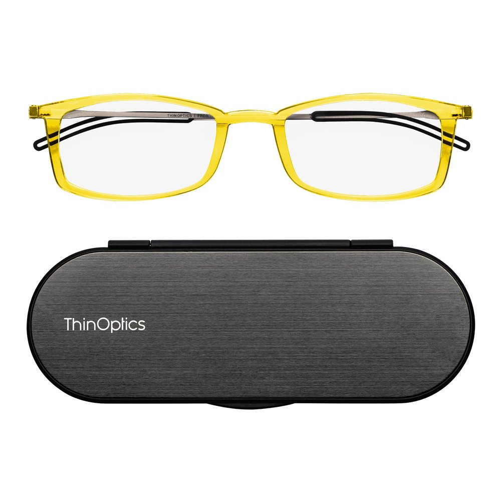 Always With You ThinOptics Reading Glasses - Ultra Thin and Lightweight Readers with Case - Special Edition Colors - Rectangle Yellow 2.0x