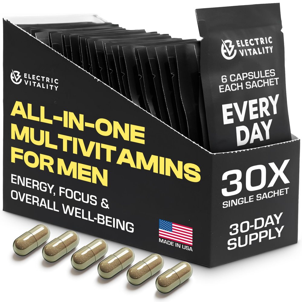 ELECTRIC VITALITY Multivitamins for Men - All in One Pack for Energy and Focus, Mens Vitamins for Mental Performance and Health, Packed with Tongkat Ali, Shilijit, Vitamin C, B3, B1, A, B12, 30 Pk