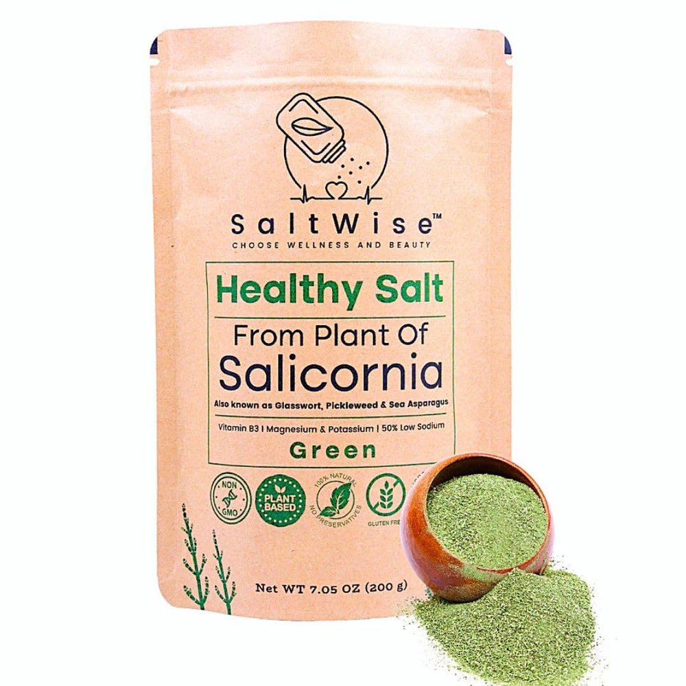SaltWise Salicornia Green Salt 50% Less Sodium, Plant-Based Salt Substitute, 100% Dehydrated Salicornia, Natural Umami, No additives (7.05 oz / 200g)
