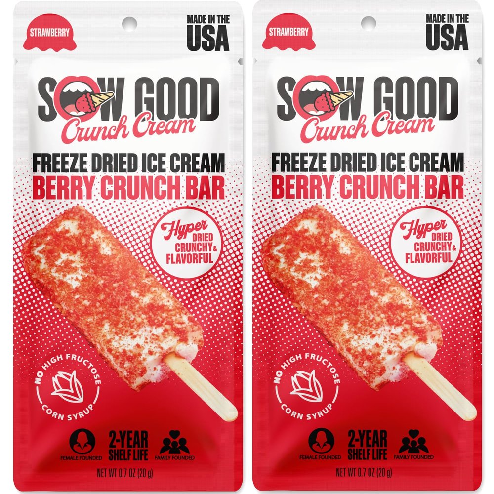 Sow Good Freeze Dried Ice Cream Candy Berry Crunch Ice Cream Bar 2 Pack. Perfect for Snacking, Parties & Astronauts