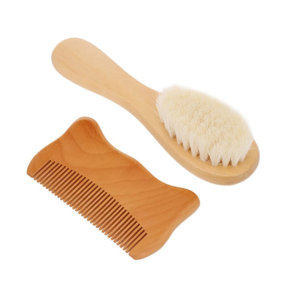 NOLITOY 2pcs Natural Goat Hair Brush Comb Set for Newborns Detangler Bathing Brush for Cradle Cap