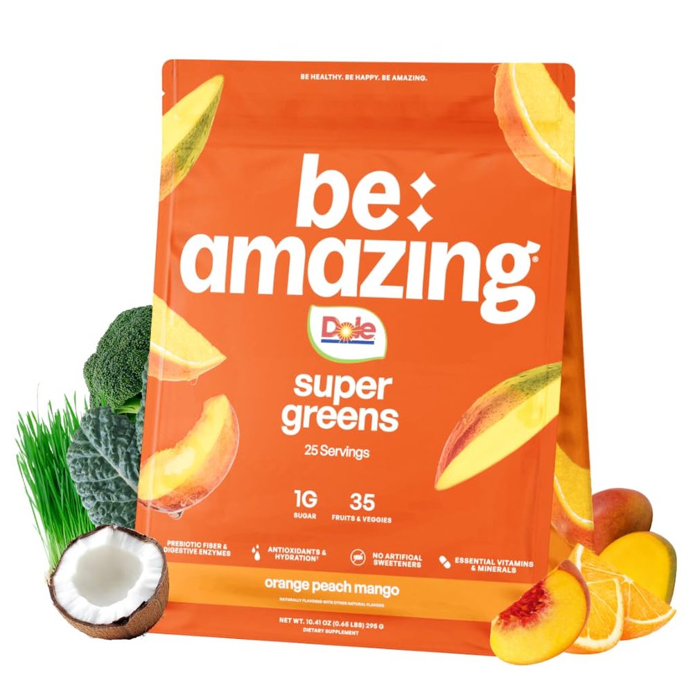 BE AMAZING Super Greens Powder with Prebiotics, Digestive Enzymes & Antioxidants, 35 Fruits & Veggies, Electrolytes & Fiber, Vegan, Gluten Free Juice & Smoothie Mix, Dole Orange Peach Mango, 25 Serv