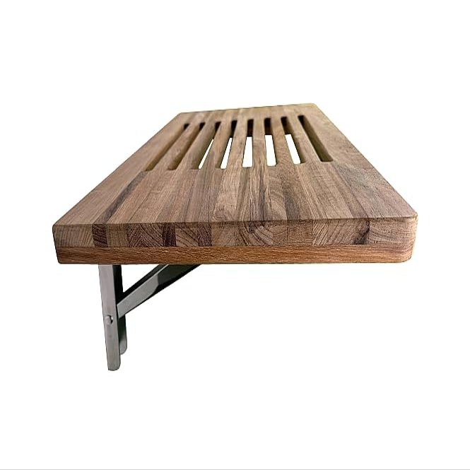 24" Wall Mounted Teak Wood Folding Shower Seat Bench with Slots