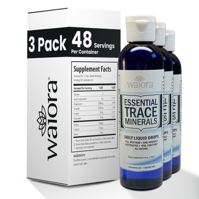 Waiora Essential Trace Minerals | Help Replenish Lost/Depleted Mineral | 60+ Ionic Trace Minerals | Support Bodys Vital Functions, pH Balance | Plus Electrolytes for Hydration (3 Bott /144 serv)