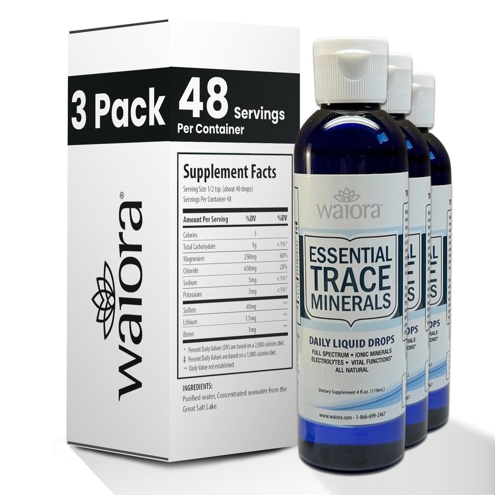 Waiora Essential Trace Minerals | Help Replenish Lost/Depleted Mineral | 60+ Ionic Trace Minerals | Support Bodys Vital Functions, pH Balance | Plus Electrolytes for Hydration (3 Bott /144 serv)