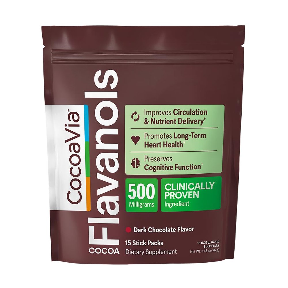 CocoaVia Cardio Health Cocoa Powder, 15 Single Serve Sticks, 500mg Cocoa Flavanols, Support Heart Health, Boost Nitric Oxide, Improve Circulation, Energy, Preworkout, Travel-Friendly, Vegan, Cacao