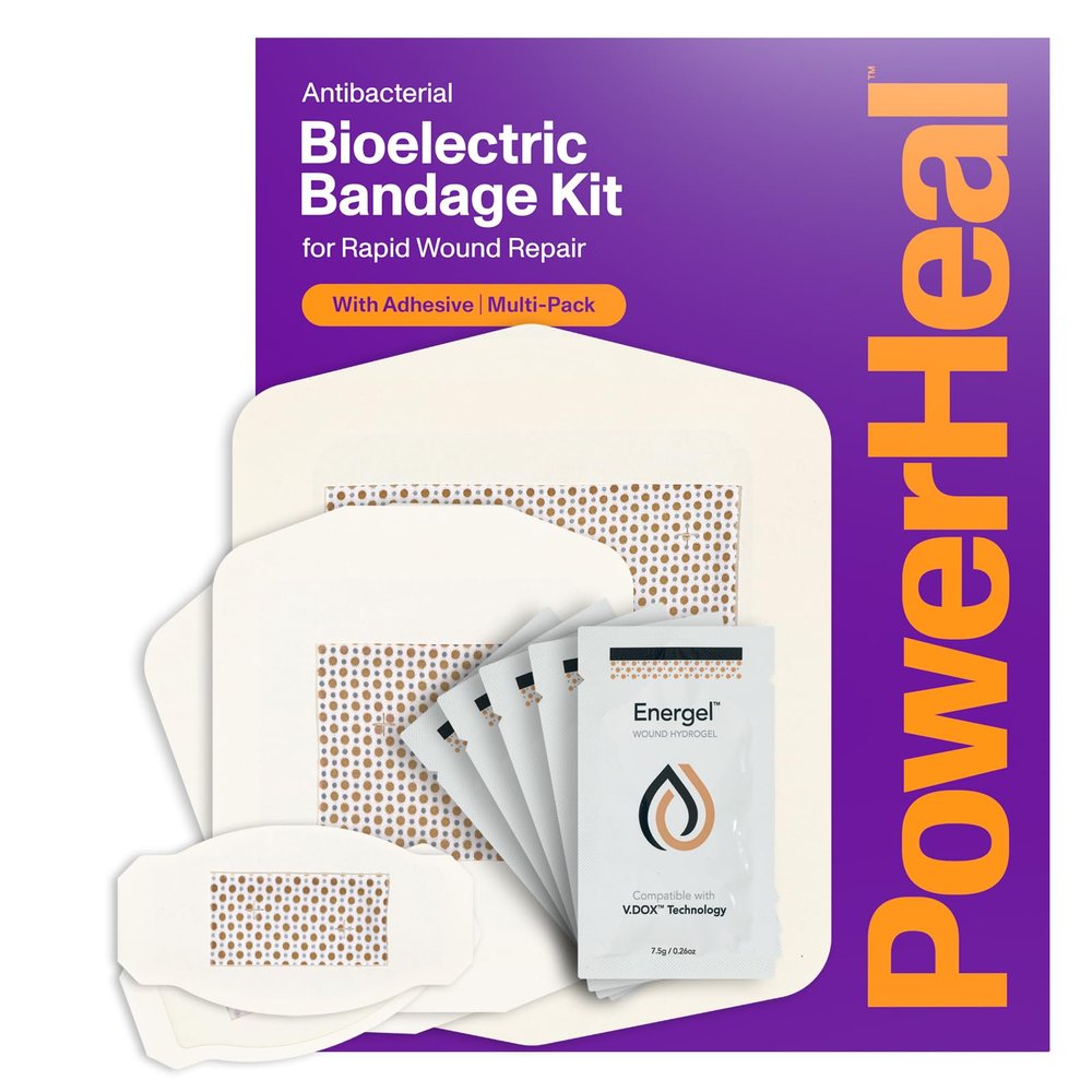 PowerHeal Bioelectric Bandage Kit for Wound Care & Fast Healing 3-Layers w/Bioelectric Pad, Absorbent Pad, Adhesive + Wound Hydrogel for Cuts, Abrasions, Blisters, Burns Mult-Size 5-Pack