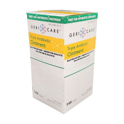 GeriCare Triple Antibiotic Ointment, First Aid Ointment for Minor Scratches, Scrapes and Burns, 144 Count Pack, 0.9g Each Packet, Clear