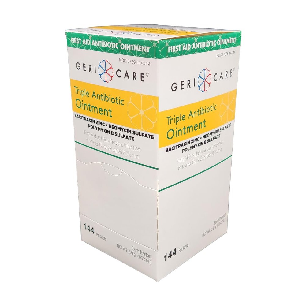 GeriCare Triple Antibiotic Ointment, First Aid Ointment for Minor Scratches, Scrapes and Burns, 144 Count Pack, 0.9g Each Packet, Clear