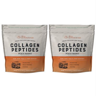 Live Conscious Collagen Peptides Powder - Peach Mango Flavored Collagen Powder - Hair, Skin, Nail, & Joint Support - Type I & III Grass-Fed Collagen Supplements for Women and Men (2-Pack)