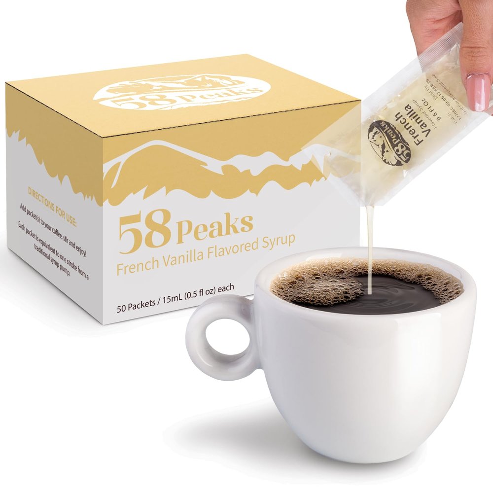 58Peaks French Vanilla Flavored Syrup Sweetener Packets for Hot and Cold Drinks | To-Go Syrup Flavoring Perfect for Coffee, Tea, Milkshake and More | Flavored Coffee Syrups for Travel | 15mL | 50-Pack