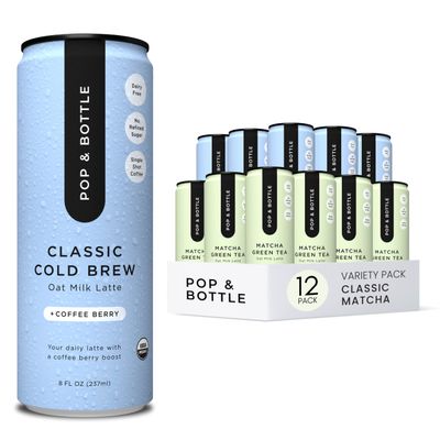 Pop & Bottle, Classic and Matcha Oat Milk Lattes - Reishi and Maitake Mushrooms, Green Tea, Cold Brew, Coffee Berry, MCT Oil, Organic, Dairy & Gluten Free, Vegan - 8 Fl Oz, (Pack of 12), 6 Each