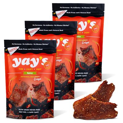 Yay's Snacks Sweet and Spicy Beef Crisps | Crispy, Crunchy, High Protein Snacks | Spicy Beef Jerky with 24G Protein Snacks Per Bag | Healthy Meat Snacks Non-GMO, USA Made - 3 Packs (1.75 Oz Each)