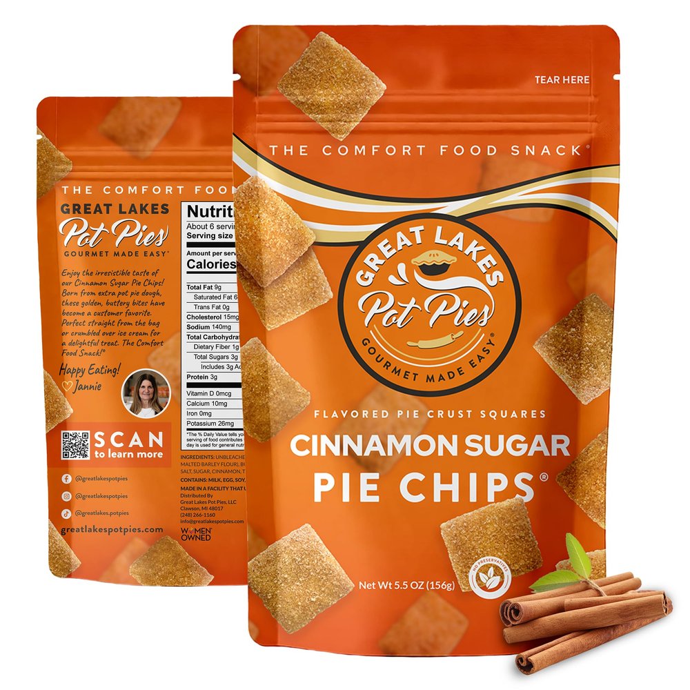 Great Lakes Pot Pies - Cinnamon Sugar Pie Chips - Crunchy Cookie Crisp - Buttery Cinnamon Snacks for Adults & Kids - Cinnamon Crackers - 4 Pack