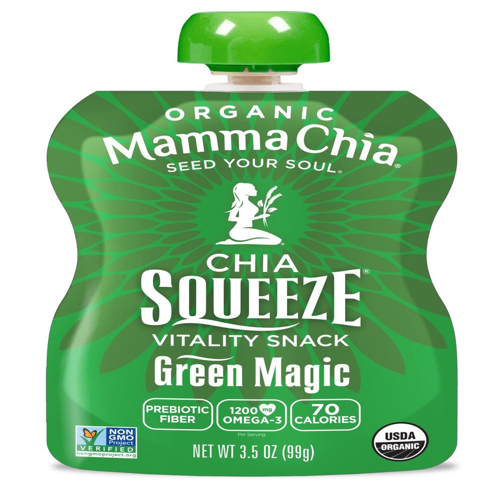 Mamma Chia Organic Vitality Squeeze Snack, Green Magic, 50-3.5 Ounce Chia Pouches. USDA Organic, Non-GMO, Vegan, Gluten Free, and Kosher. Fruit and Vegetables with only 70 Calories