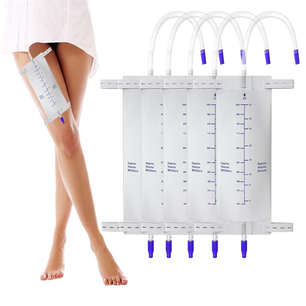 1000 ml Urine Leg Bag, Easy-Tap Disposable Non Sterile Urinary Drainage Bag with Anti-Reflux Valve & Cloth Straps, 5 Pack Adult Latex-Free