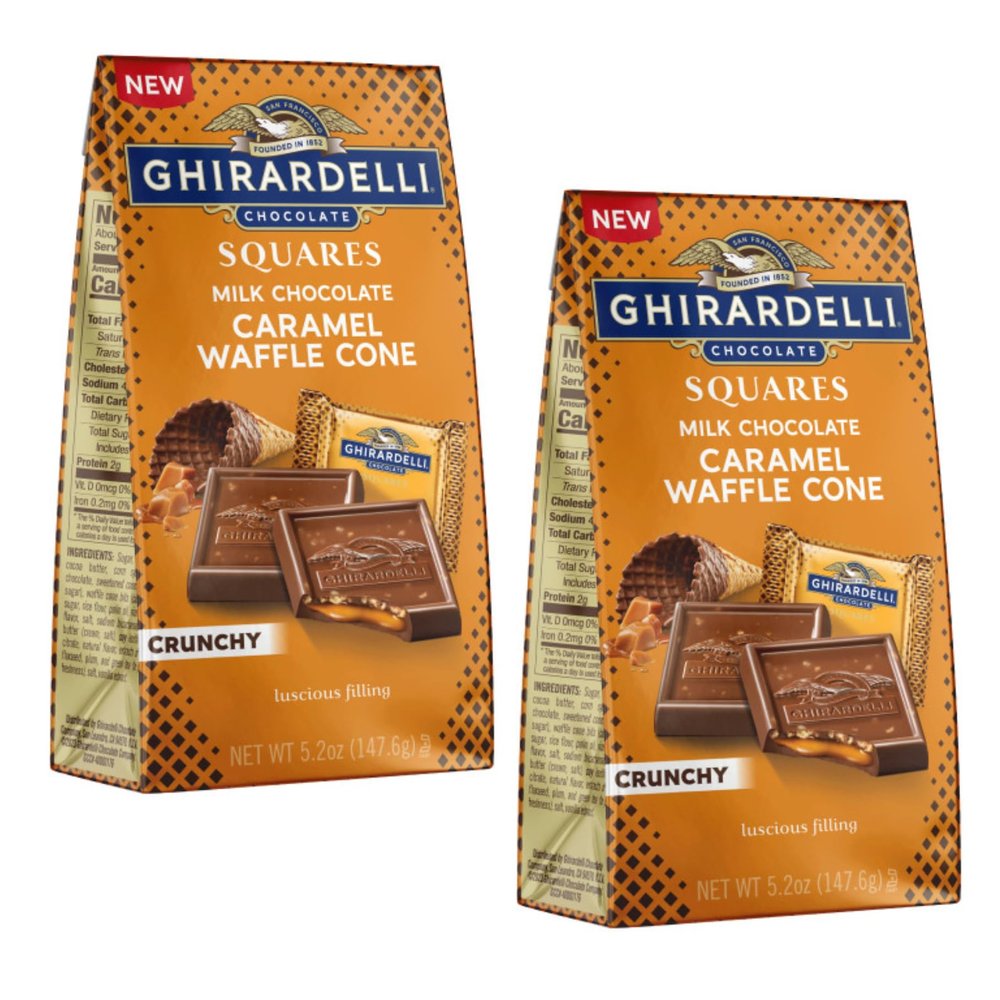 GHIRARDELLI Milk Chocolate Caramel Waffle Cone Squares - Pack of 2 - Delicious Chocolate with a Caramel Inside and Pieces of Waffle Cone in the Chocolate, Full Size