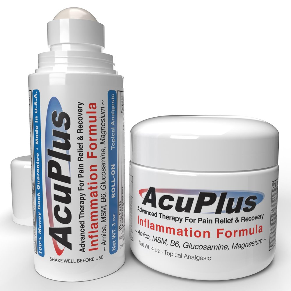 AcuPlus - Topical Pain Relief Anti Inflammatory Cream & Roll On Combo - Soothes Muscles & Joints - Muscle Rub Cream for Arthritis, Bursitis, & Tendonitis - 4 oz. Jar & 3 fl. oz. Roll On