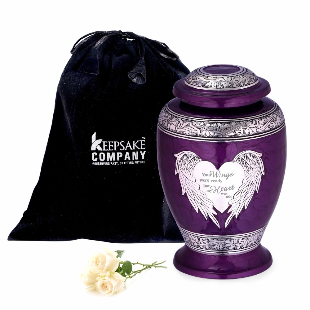 KEEPSAKE COMPANY Large Purple Aluminum Cremation Urn for Adults - Heart & Wing Pattern, 220 Cubic Inches, 10" H x 6" W x 7" L
