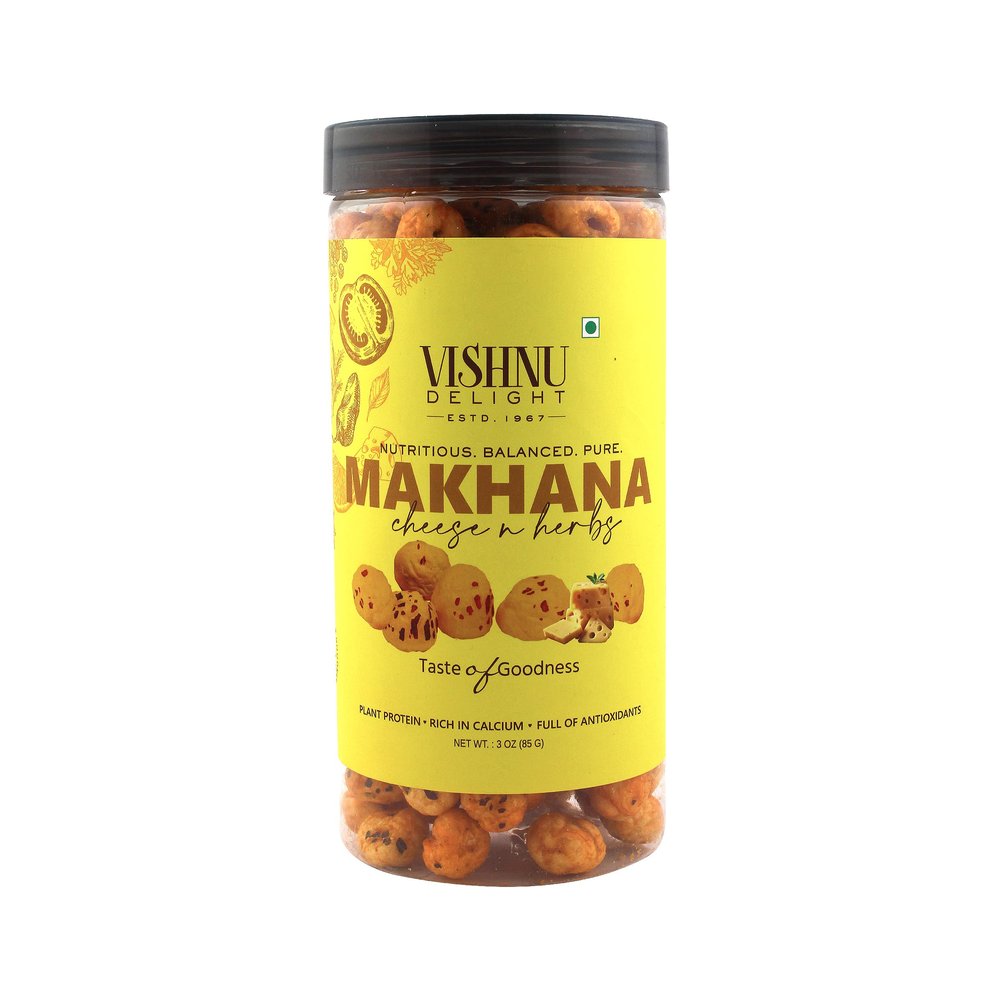 Vishnu Delight Roasted Fox Nuts Cheese & Herb Flavor 3.18 oz | Organic Makhana Snack | Gluten-Free, Vegan, Non-GMO | Healthy Crunch | 90g Jar