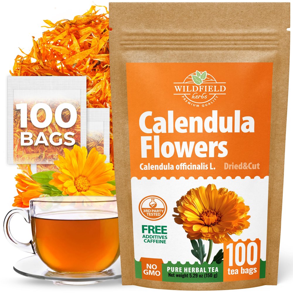100 Bags Calendula Tea Dried Calendula Flowers Herb Tea (Calndula Officinalis) - 100 Count 1.5 g Bags Kalendula