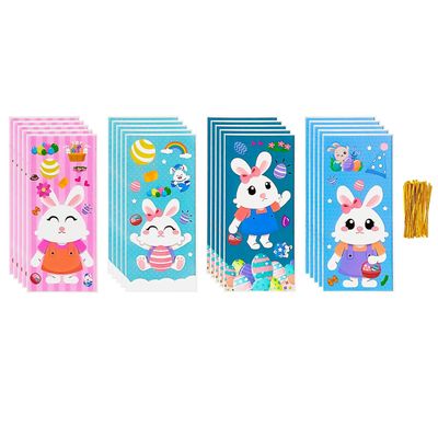 Jagrove Cellophane Treat Bags with Gold Twist Ties 100 Pieces Bunny Chick Eggs Print Plastic Bags Goodie Cookies Candy Bread Gift Bags for Easter Party Supplies