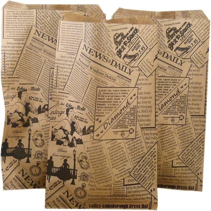 888 Display USA, Inc 50 Bags of our 8.5" x 11" Newsprint Pattern in Kraft Paper Gift Bags ideal for Sales, Treats, Parties, Cookies, Promotional Gift, and more.