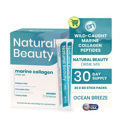 EarthNutri - Wild Caught Marine Collagen Powder - Supplement for Skin, Hair & Nails - Enhances Skin Elasticity & Hydration - Hydrolyzed Collagen Peptides - Non-GMO - Ocean Breeze - 30 Sticks (1Pack)