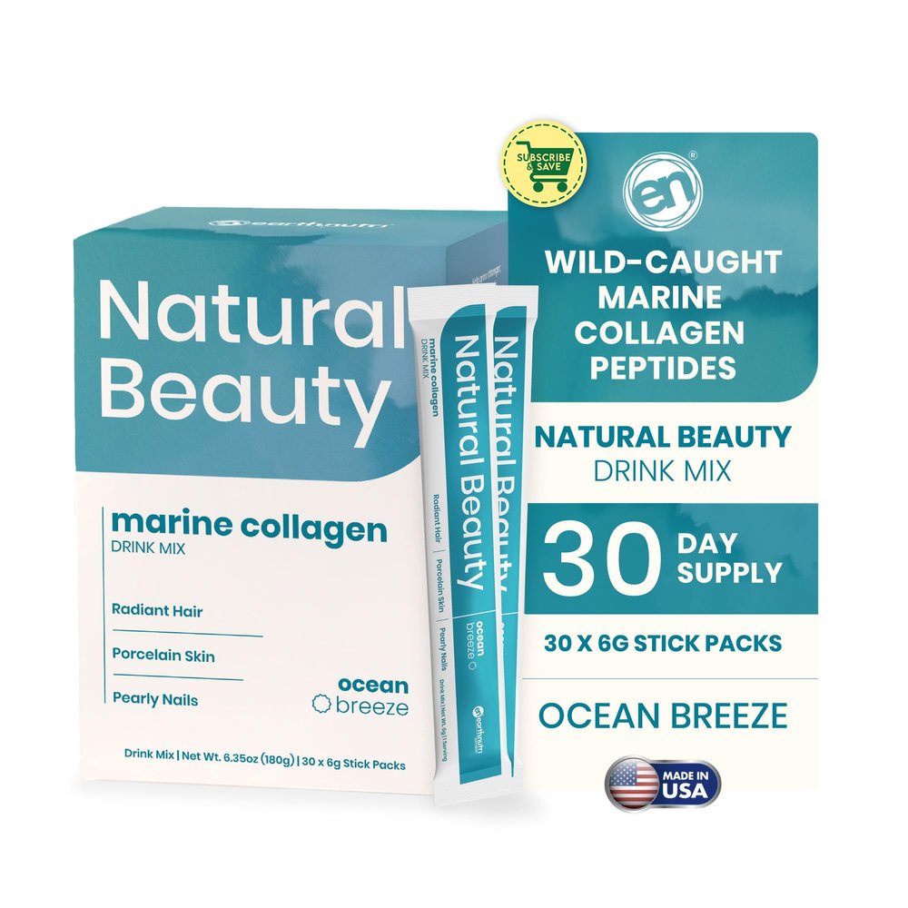 EarthNutri - Wild Caught Marine Collagen Powder - Supplement for Skin, Hair & Nails - Enhances Skin Elasticity & Hydration - Hydrolyzed Collagen Peptides - Non-GMO - Ocean Breeze - 30 Sticks (1Pack)