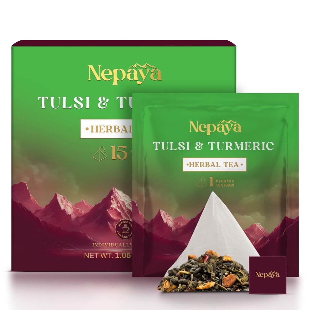 Nepaya Tulsi & Turmeric Herbal Tea Bag  15 Pyramid Tea Bags, Holy Basil Blend with Cinnamon & Black Pepper, Biodegradable, Caffeine-Free, Himalayan Tisane