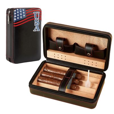 3Dhologramfan Cigar Case Travel Humidor Kit,The Leather Cigar Accessories with Cutter, Ashtray & Case Cedar-Lined for Optimal Freshness- Men's Gift Set for Home and Office (4 Pack Embroidery Black)