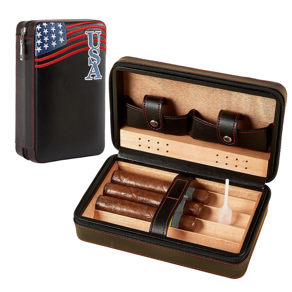 3Dhologramfan Cigar Case Travel Humidor Kit,The Leather Cigar Accessories with Cutter, Ashtray & Case Cedar-Lined for Optimal Freshness- Men's Gift Set for Home and Office (4 Pack Embroidery Black)