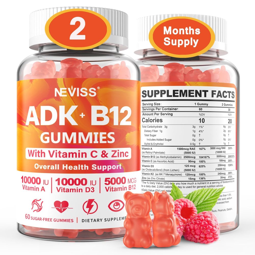 Methylated Multivitamin Women Men, Vitamin D3 K2 5000IU / 10,000IU, B12 5000 mcg 2500mcg, K2 (MK-7) 240mcg- ADK+Methyl Vitamin B12, Vegan D3,Vitamin A,C,Zinc Eye,Bone,Energy,Immune, Sugar-Free Gummies