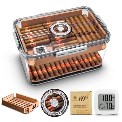 CIGARLOONG Cigar Humidor Large Accommodate 100 Cigars,Built-in Cedar Wood Shelf and Humidity Pack with High Precision Hygrometer Transparent Cigar Storage Box