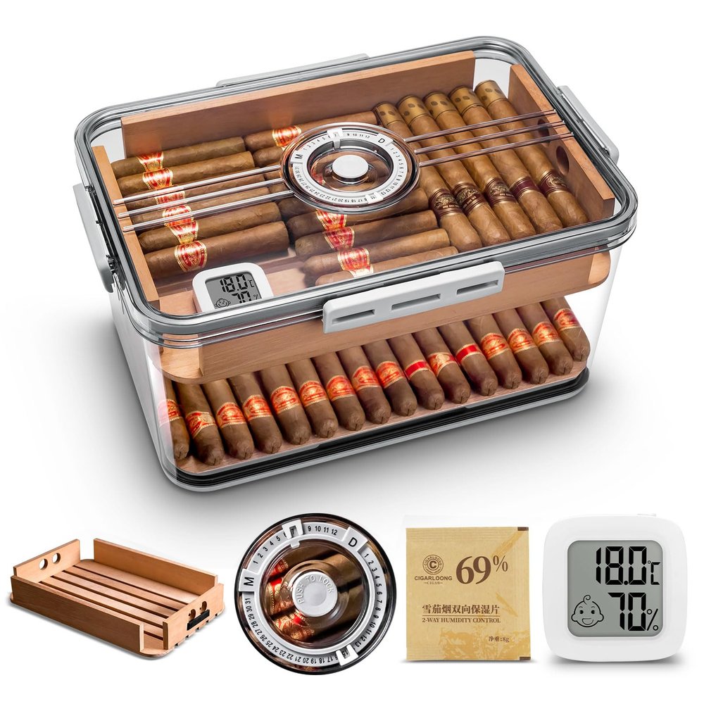 CIGARLOONG Cigar Humidor Large Accommodate 100 Cigars,Built-in Cedar Wood Shelf and Humidity Pack with High Precision Hygrometer Transparent Cigar Storage Box