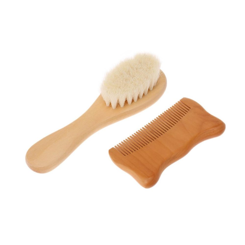 Beatifufu 2PCS Baby Brush and Comb Set Wooden Comb Soft Bathing Brush Natural Goat Hair Gentle Scalp Care Easy to Operate