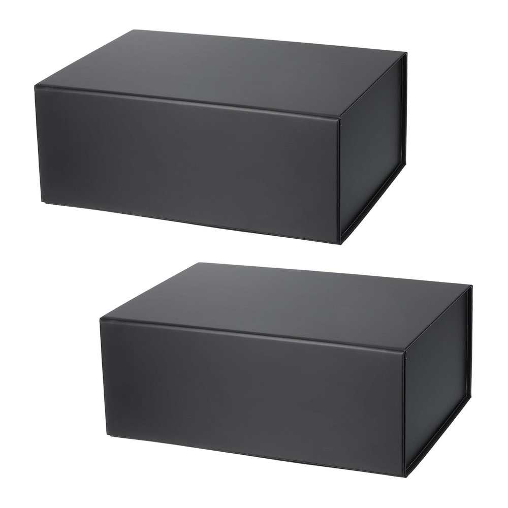 PATIKIL 10x7x4 Inch Gift Box with Lid, 2 Pack Magnetic Closure Collapsible Paper Rectangle Favor Boxes for Wedding Valentine's Day Birthday Gift Packaging, Black