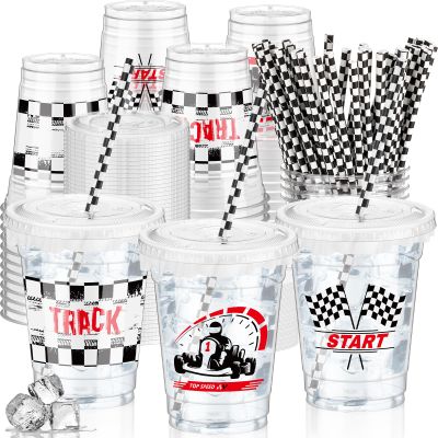 FoldTier 50 Pcs Checkered Racing Party Plastic Cup 12 oz Checkered Flag Thick Transparent Cup Black and White Cups Race Car Birthday Party Supplies for Racecar Sports Themed