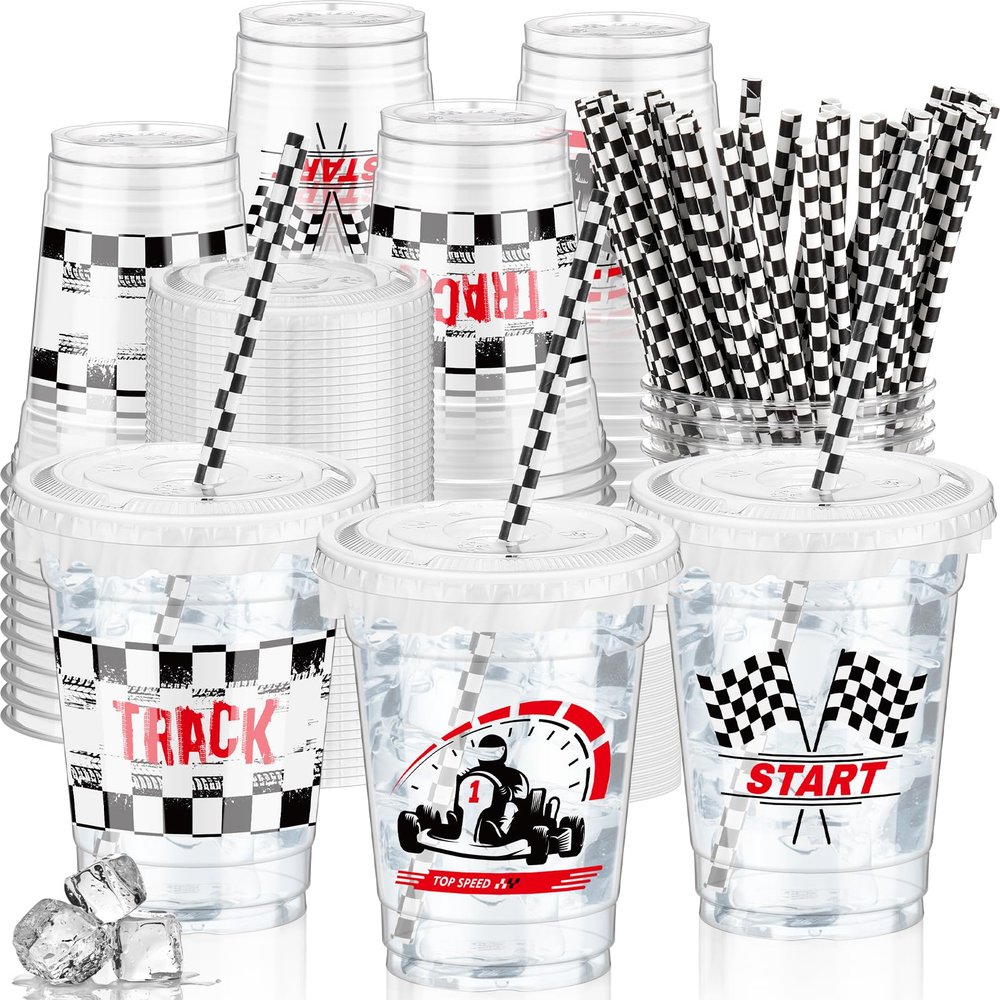 FoldTier 50 Pcs Checkered Racing Party Plastic Cup 12 oz Checkered Flag Thick Transparent Cup Black and White Cups Race Car Birthday Party Supplies for Racecar Sports Themed